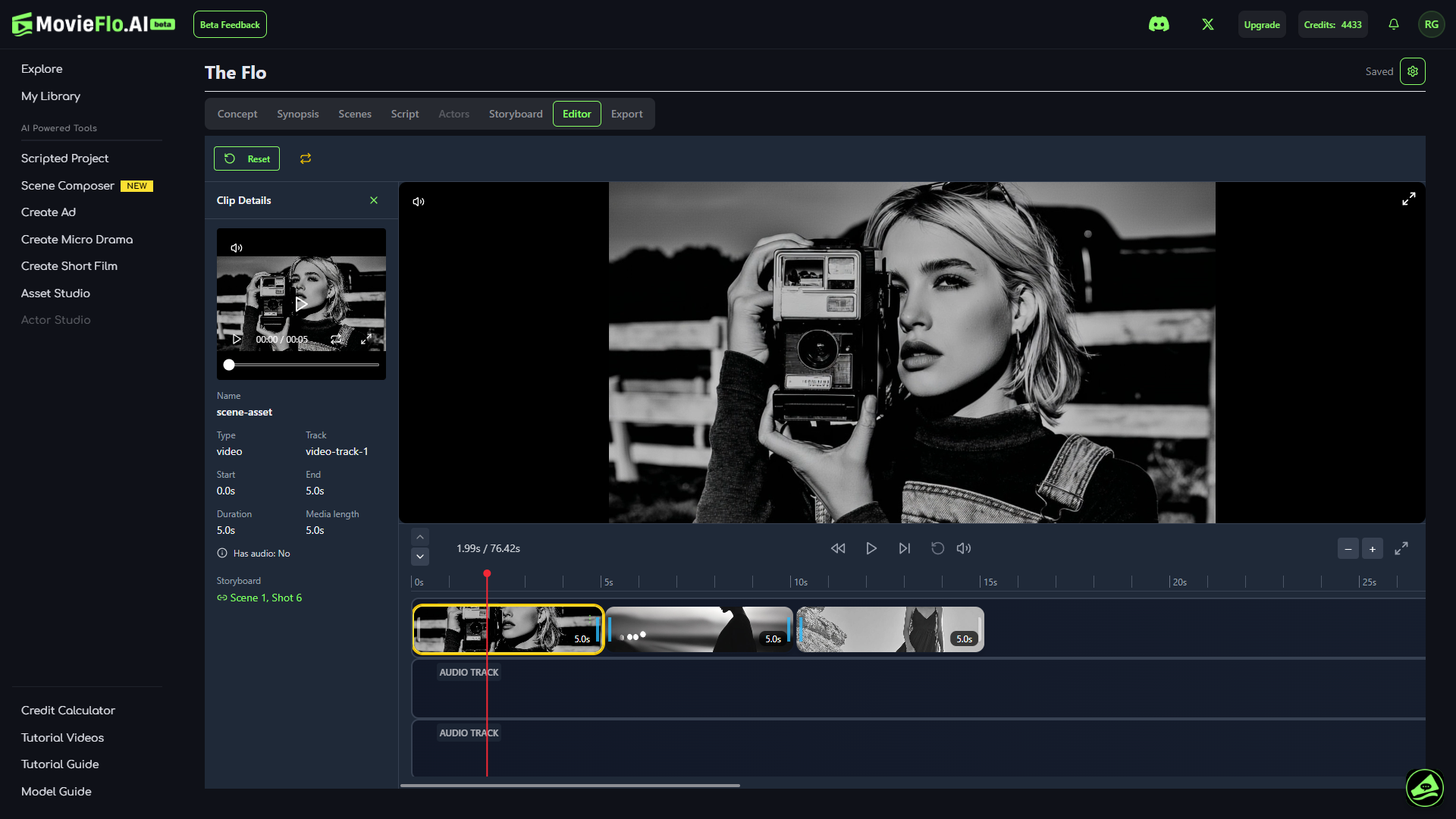 A black and white photograph of a young woman with short blond hair, holding a vintage camera up to her eye. She is outdoors, with a fence and trees in the background.