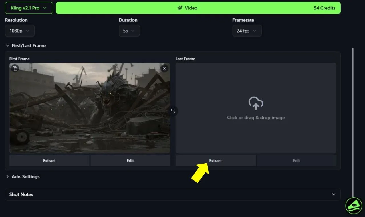 A screenshot of a video editing software interface showing a scene of a robot lion in a destroyed cityscape, with debris and wreckage.