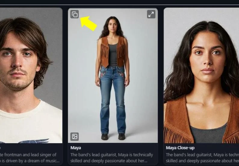 Photo editing interface with a picture of a woman in a brown vest and blue jeans, and options to crop or view larger.