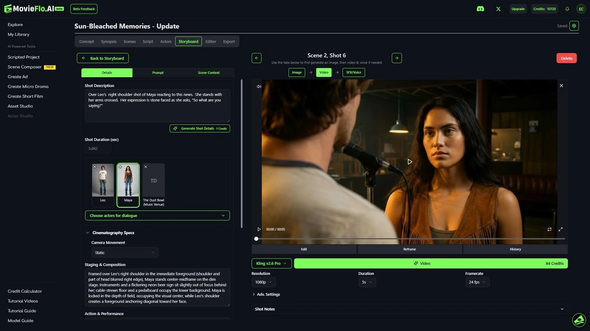 Screenshot of a video editing software interface showing a scene between a man and a woman in a music venue. The woman is facing the camera with a serious expression, and the man is speaking into a microphone. The editor's workspace includes options for scene management, shot description, and cinematography details.