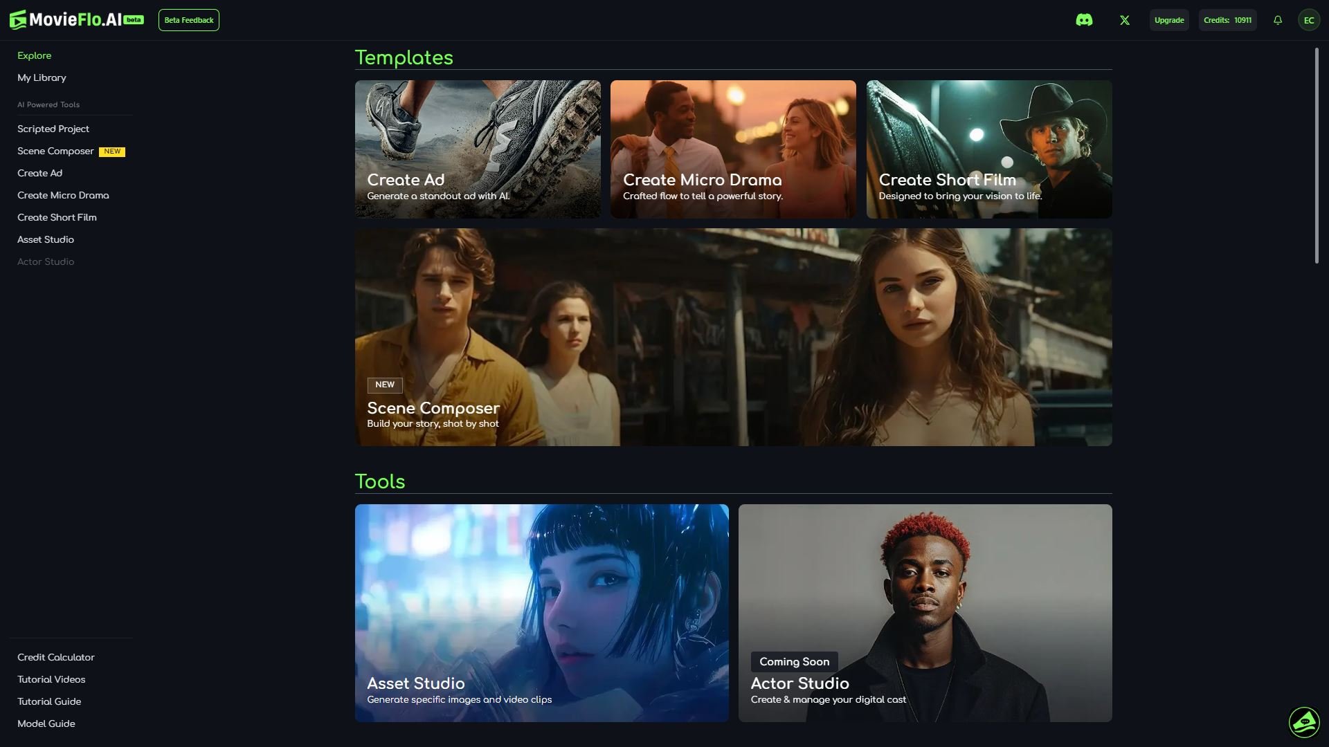Screenshot of MovieFlo.AI platform homepage featuring templates for creating ads, micro dramas, short films, and scene composers, with an exploration menu, tools for asset studio and actor studio, and navigation options.