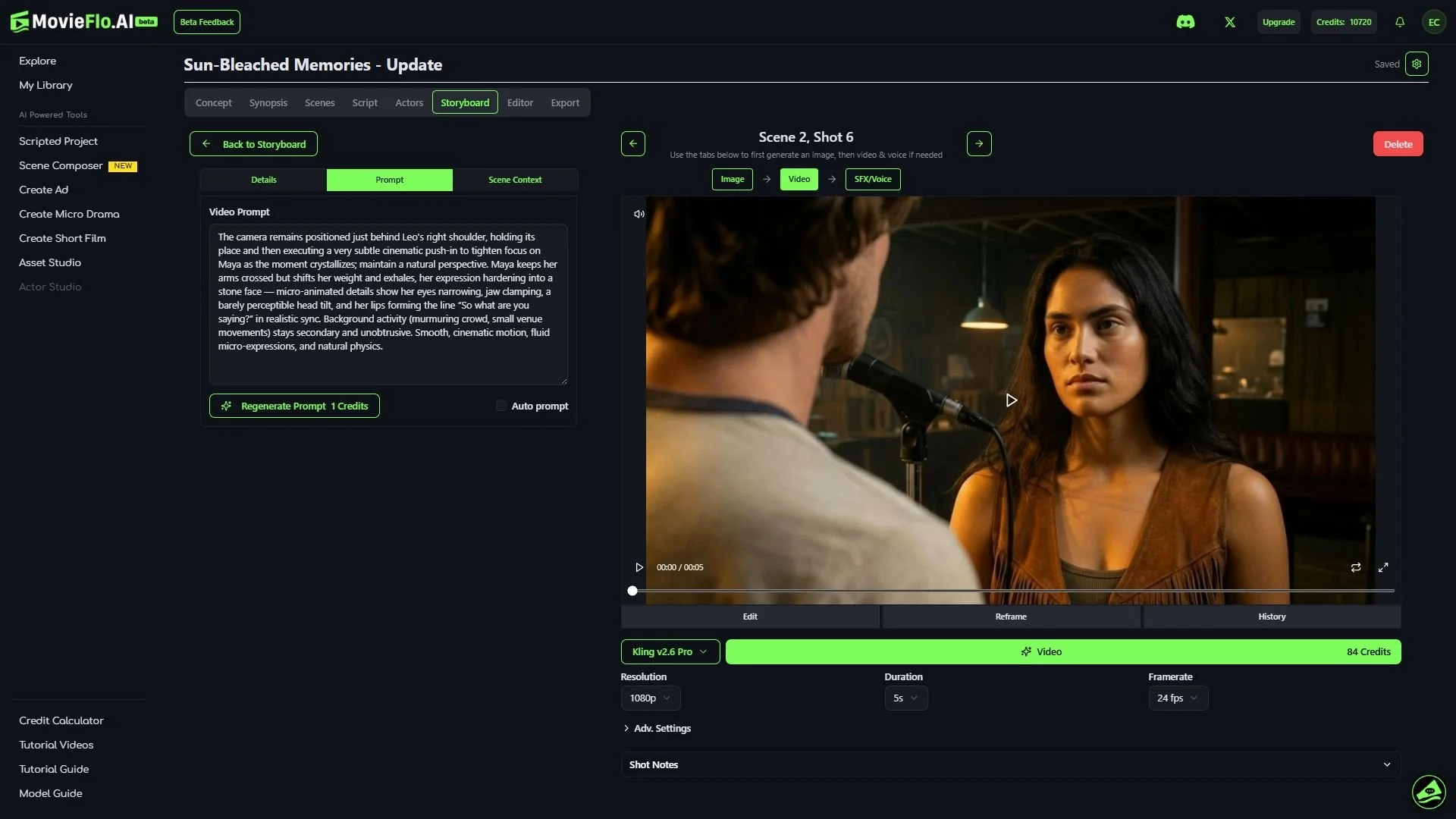Screenshot of MovieFlo.AI app creating a scene titled "Sun-Bleached Memories - Update" featuring a woman with long black hair and a brown sleeveless top looking at a man with light brown hair, facing away, in a dimly lit room with warm lighting and background elements like shelves and hanging lights.