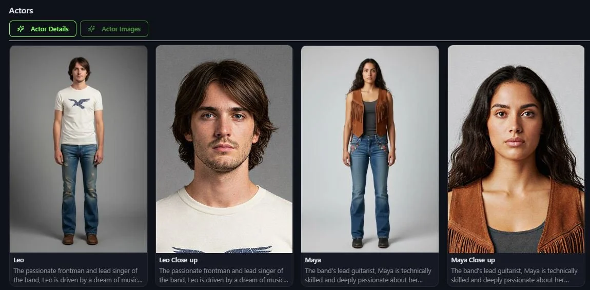 Four portraits of band members: a young man with shoulder-length brown hair wearing a white t-shirt and jeans, a close-up of the same young man, a young woman with long dark hair wearing a brown vest and jeans, and a close-up of her face.