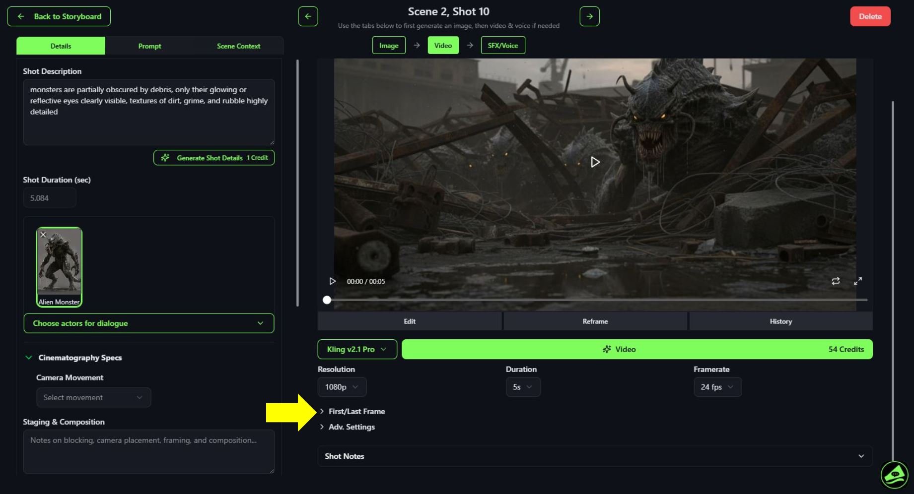 A computer screen showing a scene from a video editing software with a monster resembling a dragon or lizard in a post-apocalyptic setting filled with debris, rubble, and destruction.