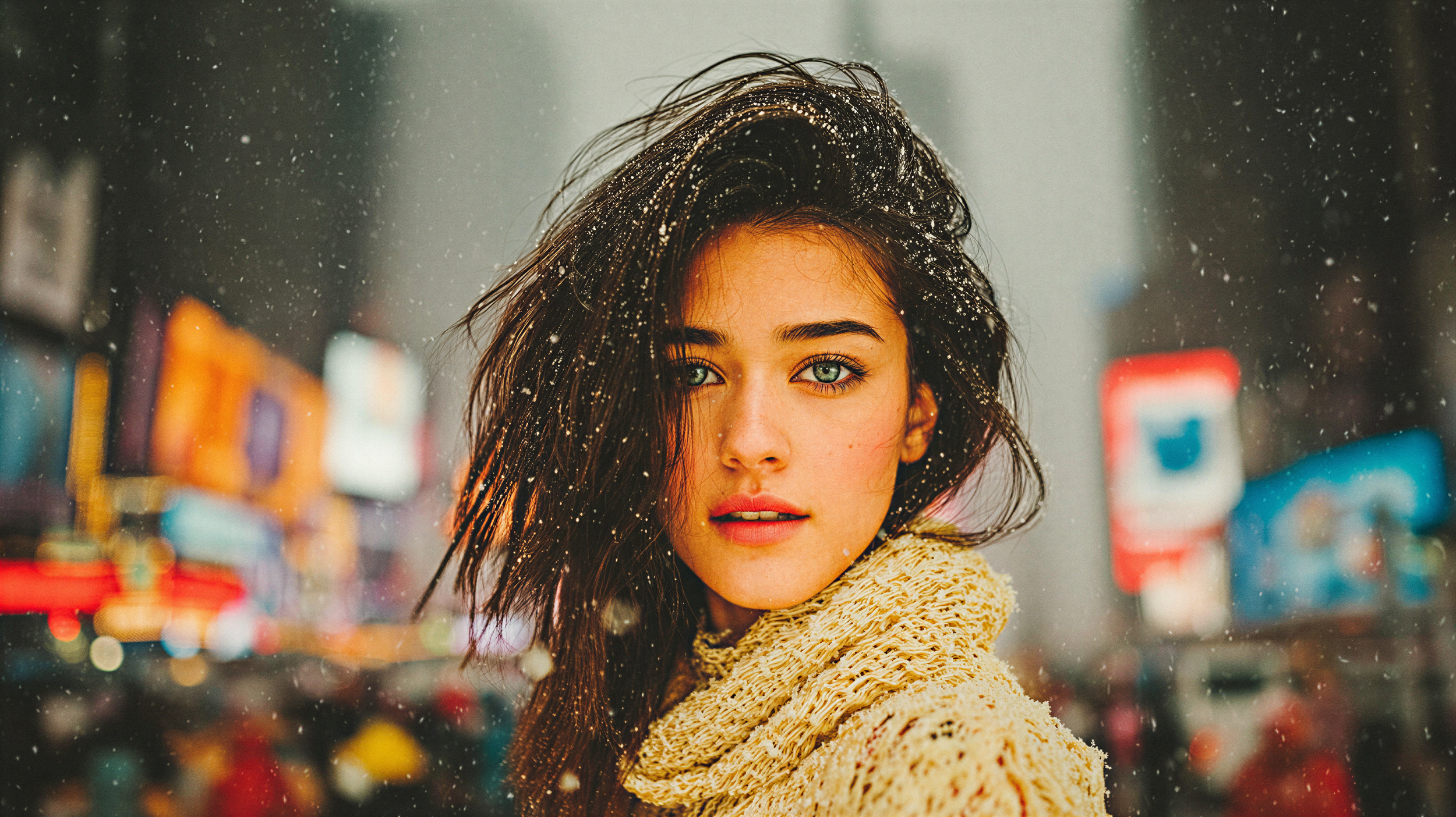 Close-up of a character in falling snow, generated in FilmSpark.