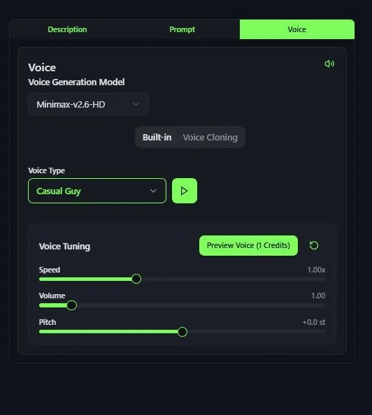 Screenshot of a voice generation software interface with options for voice type, tuning, speed, volume, and pitch, featuring a green color theme.