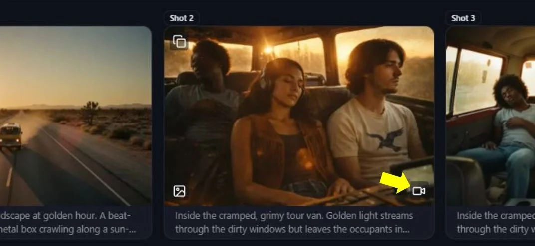 Three people sitting inside a van during sunset, with two of them sleeping or resting and one looking out the window.