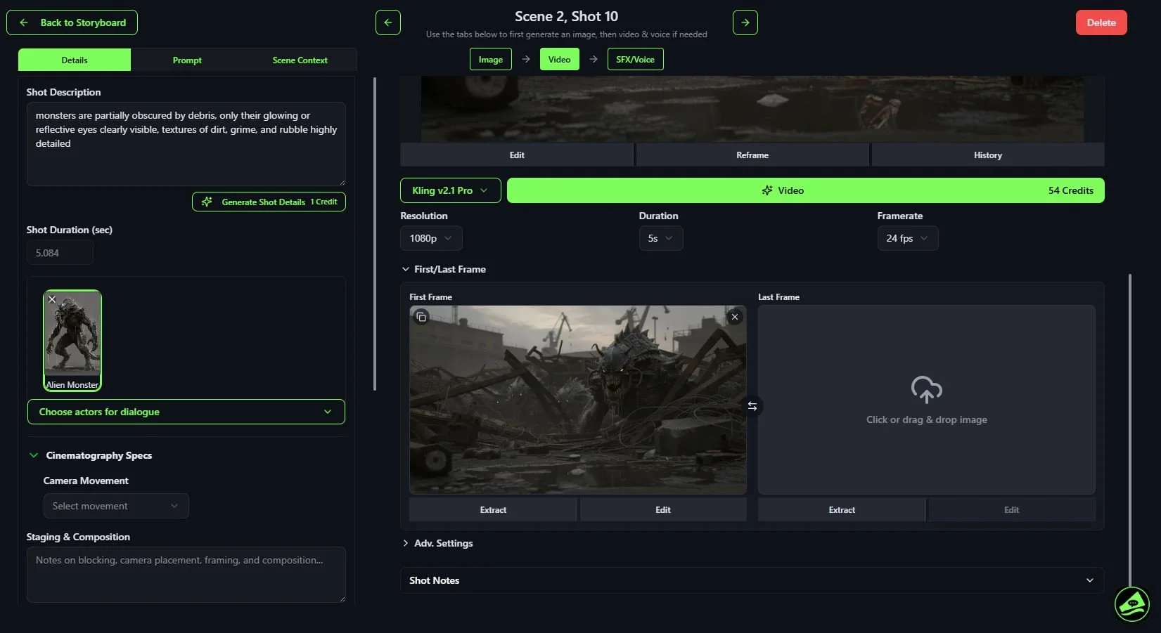 A digital editing interface for creating a CGI scene featuring a monstrous alien creature emerging from a destroyed landscape, with debris and ruined structures, in a somber, overcast setting.