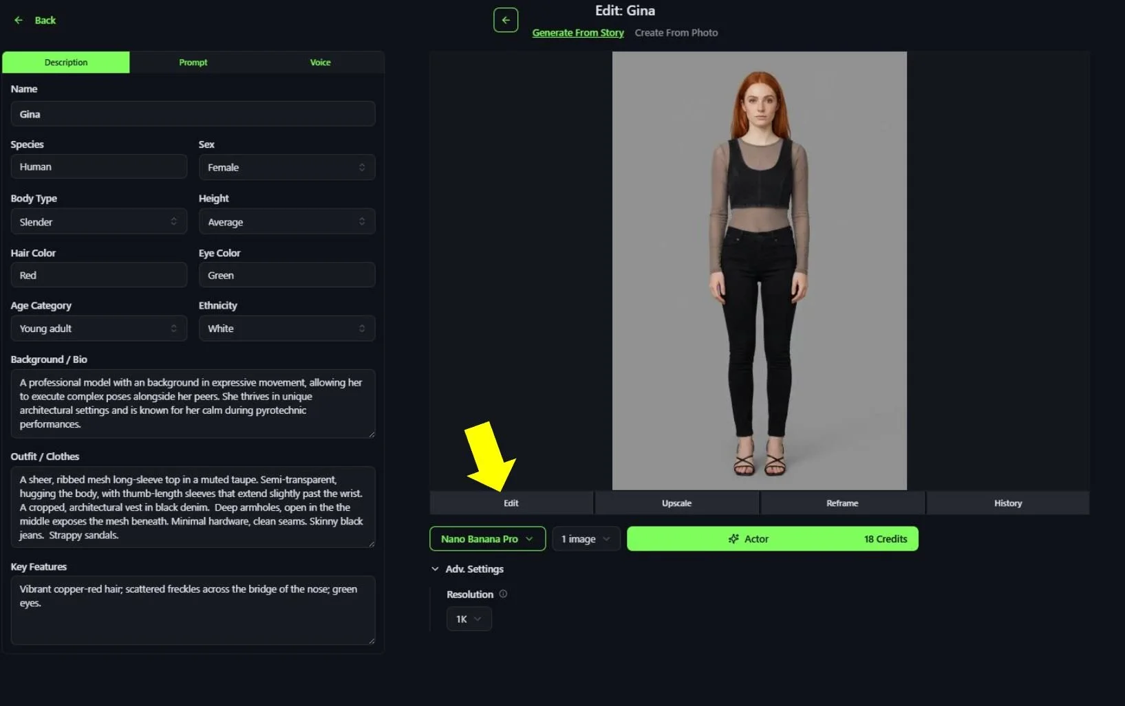A graphic editing program interface showing a female model with red hair wearing a sheer long-sleeve top and black pants. The interface includes options for editing, upscaling, re-framing, and a history of changes, with a highlighted section indicating the use of the 'Nano Banana Pro' filter and 18 credits remaining.