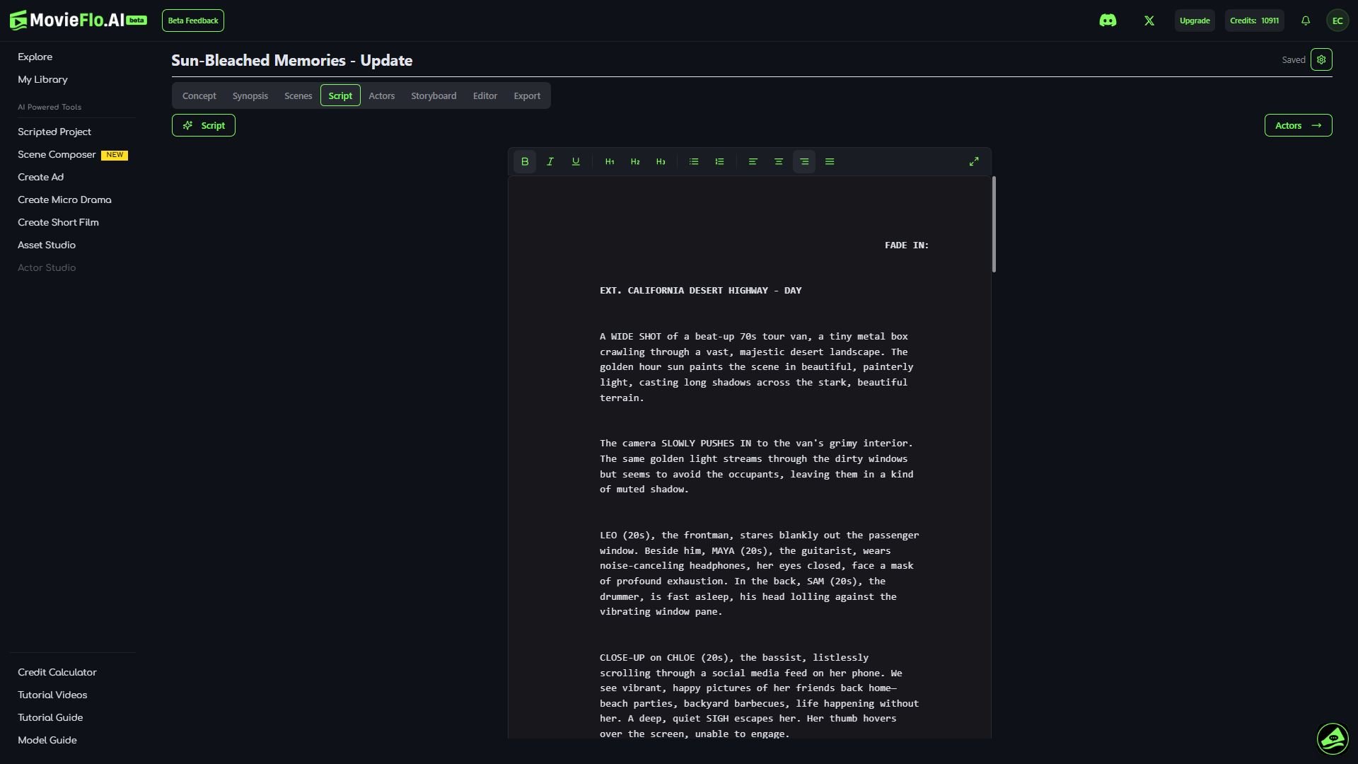 Screenshot of a screenplay editing software titled 'Sun-Bleached Memories - Update.' The script describes a scene set on a California desert highway during the day, featuring a van, a tiny metal box, a rugged terrain landscape, and characters including a frontman, a guitarist, a drummer, and a bassist, each with detailed actions and descriptions.