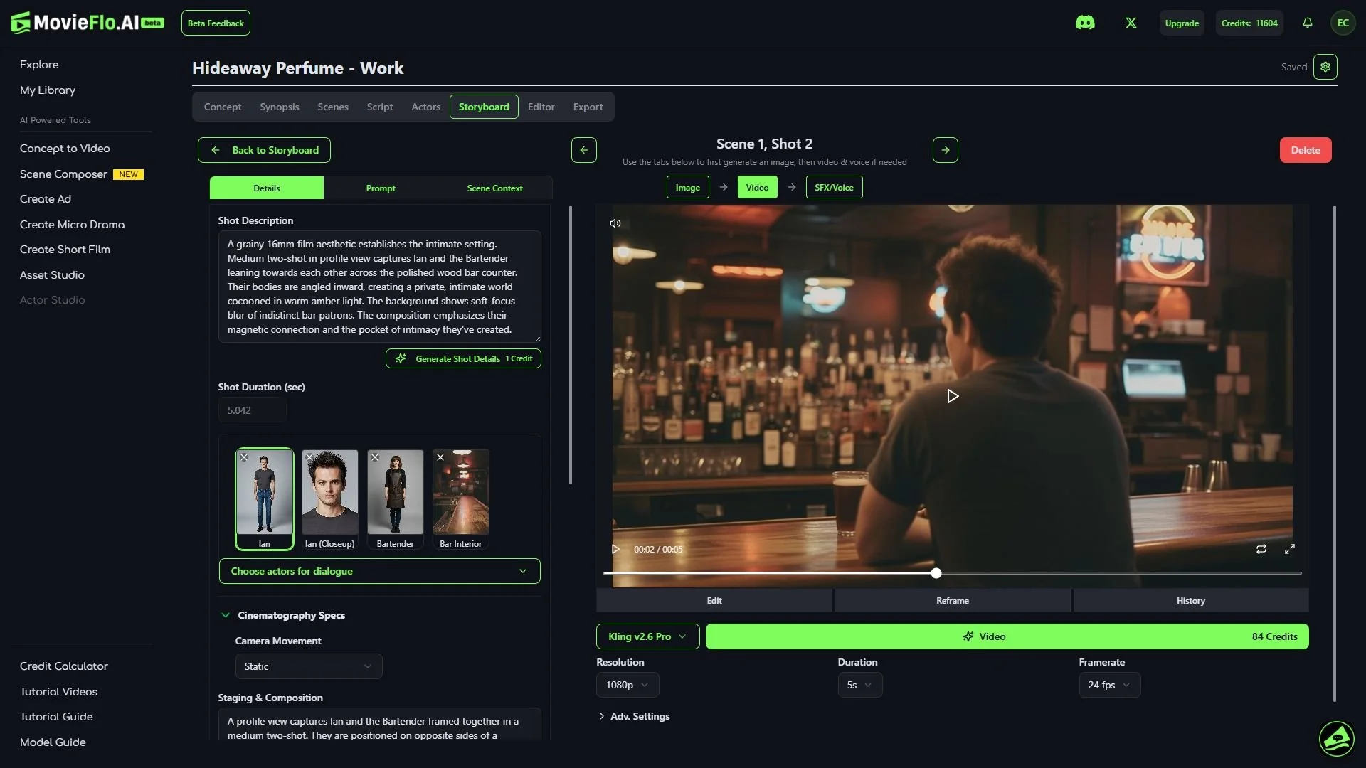 A person sitting at a bar counter facing away, with a background of shelves filled with bottles and a neon sign.