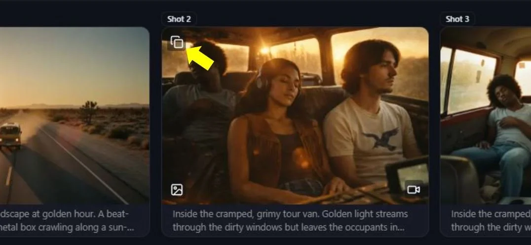 Three scenes from a photography app: a desert road at sunset, a group of three people sleeping in a van during sunset, and a person relaxing inside a van.