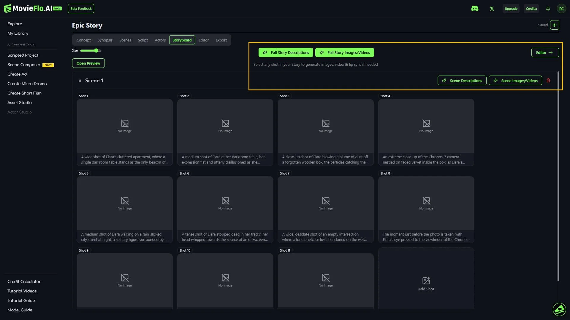 Screenshot of Epic Story storyboard interface on MovieFlo AI platform showing ten empty shot slots with descriptions for some scenes, options for full story descriptions and images, and navigation buttons.