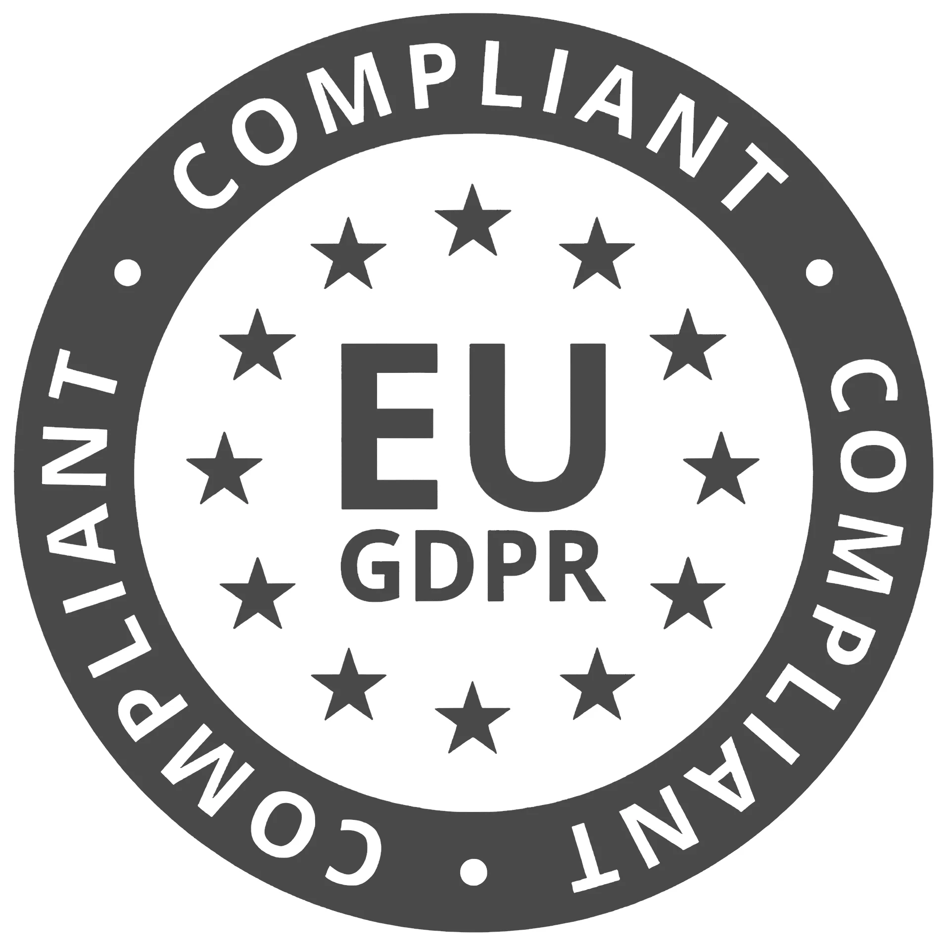 A circular black and white certification badge indicating compliance with EU GDPR, with stars, and the text 'EU GDPR' in the center, surrounded by the words 'COMPLIANT' and 'COMPLIANT AND TRANSPARENT'.