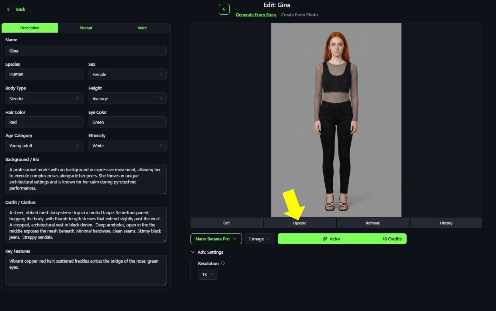 A digital modeling interface showing a full-body portrait of a young woman with red hair, wearing a black mesh long-sleeve top, black jeans, and strappy black heels, standing against a plain gray background.