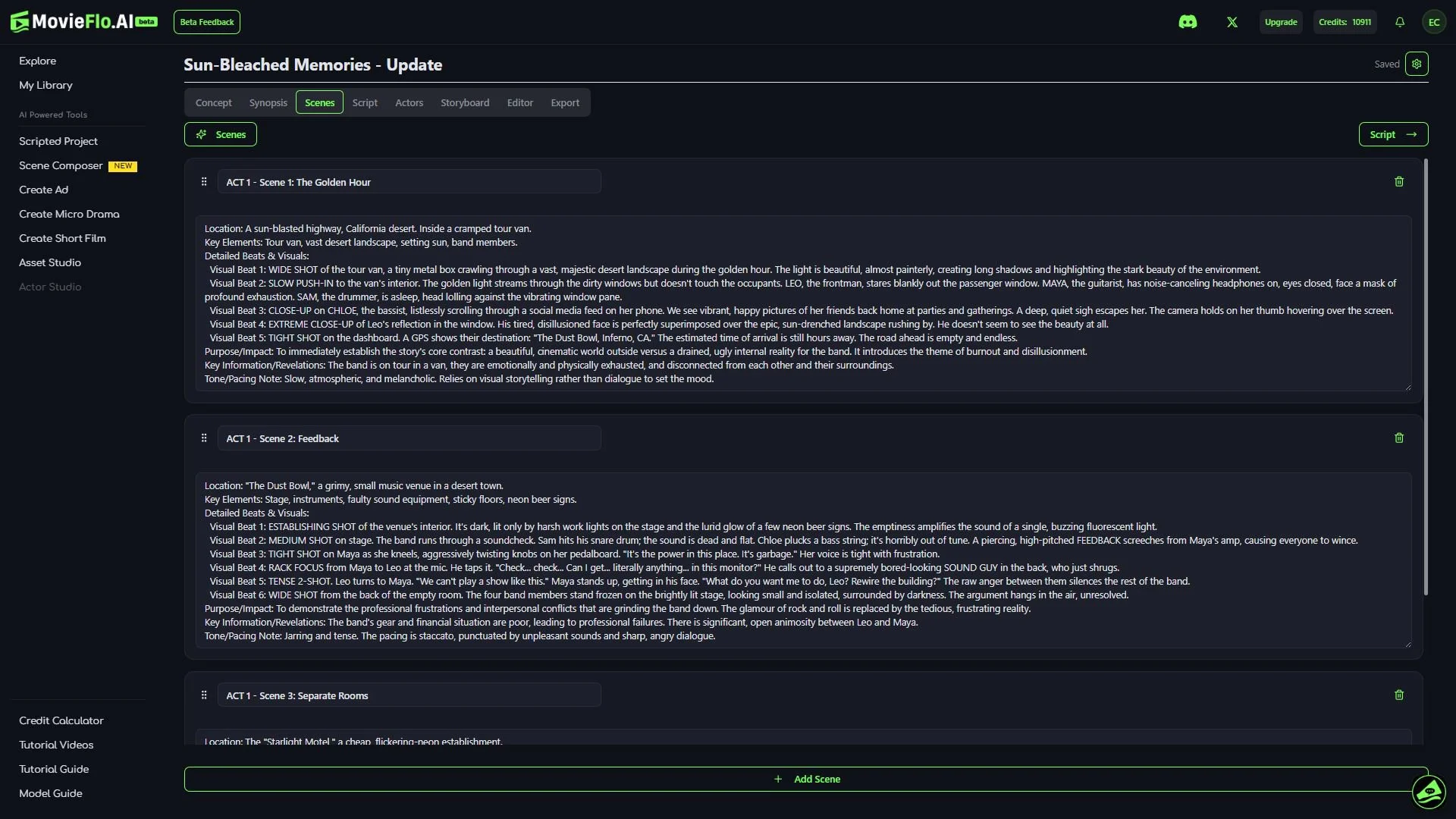 Screenshot of MovieFlo.AI website interface showing detailed scene descriptions for the movie 'Sun-Bleached Memories,' including the golden hour on a California highway, a grimy music venue in a desert town, and a neon-lit motel in a staccato style.