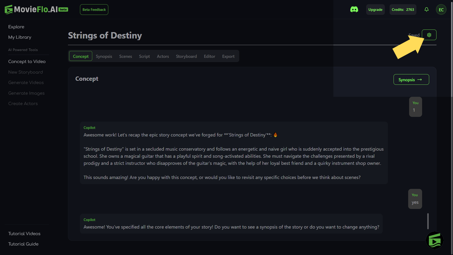 Screenshot of MovieFlo.AI web application interface showing the project "Strings of Destiny" with several menu options, a save icon with a gear overlay, and a discussion about the concept with user comments.
