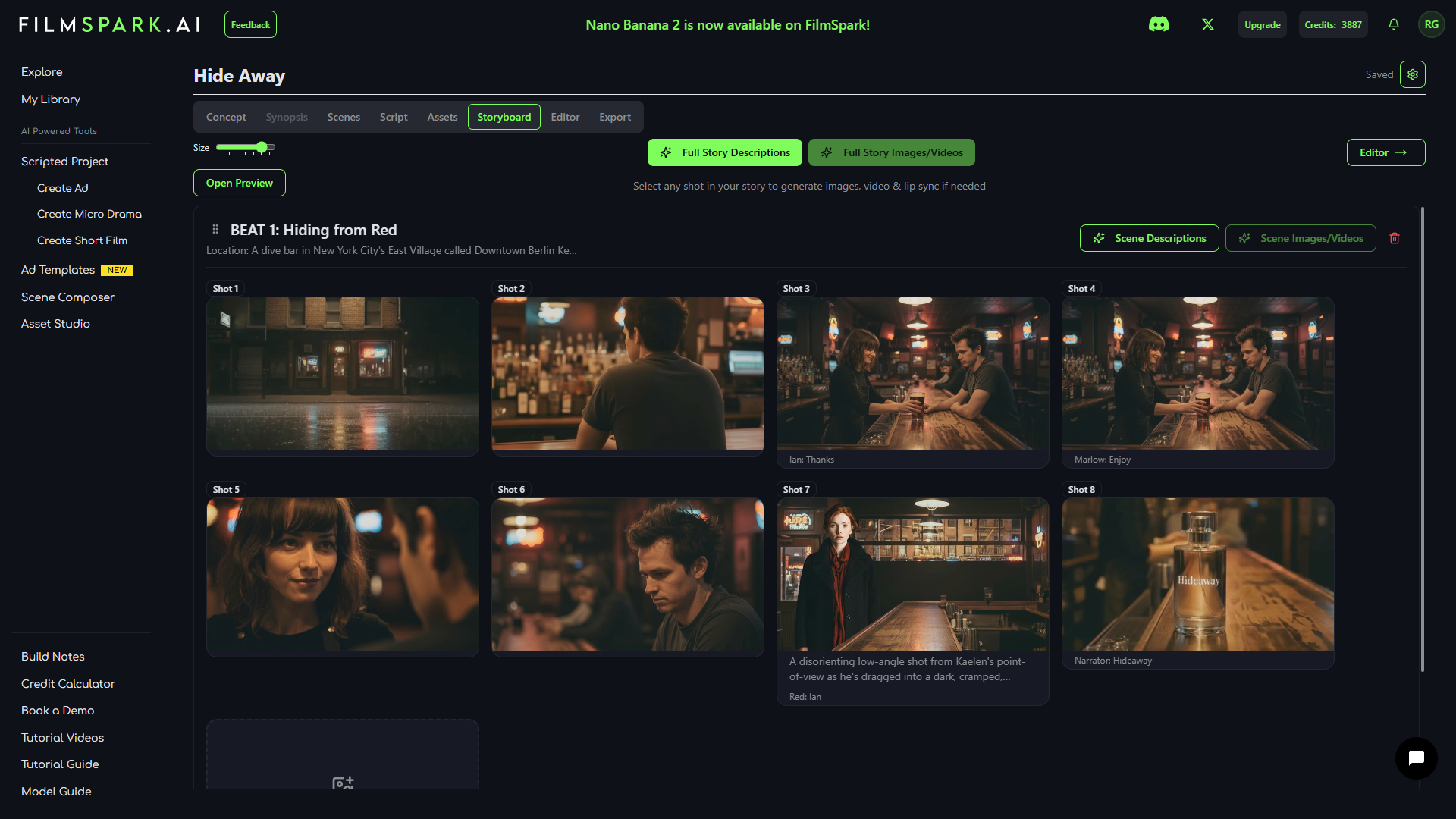 Screenshots of a film editing website called FilmSpark AI, showing scenes from a story titled 'Hiding from Red,' set in a bar in New York City's East Village called Downtown Berlin. The scenes depict various shots of people at the bar, including a woman talking to a man and a woman sitting alone, with a focus on the bar counter and a perfume bottle labeled 'Hideaway.'