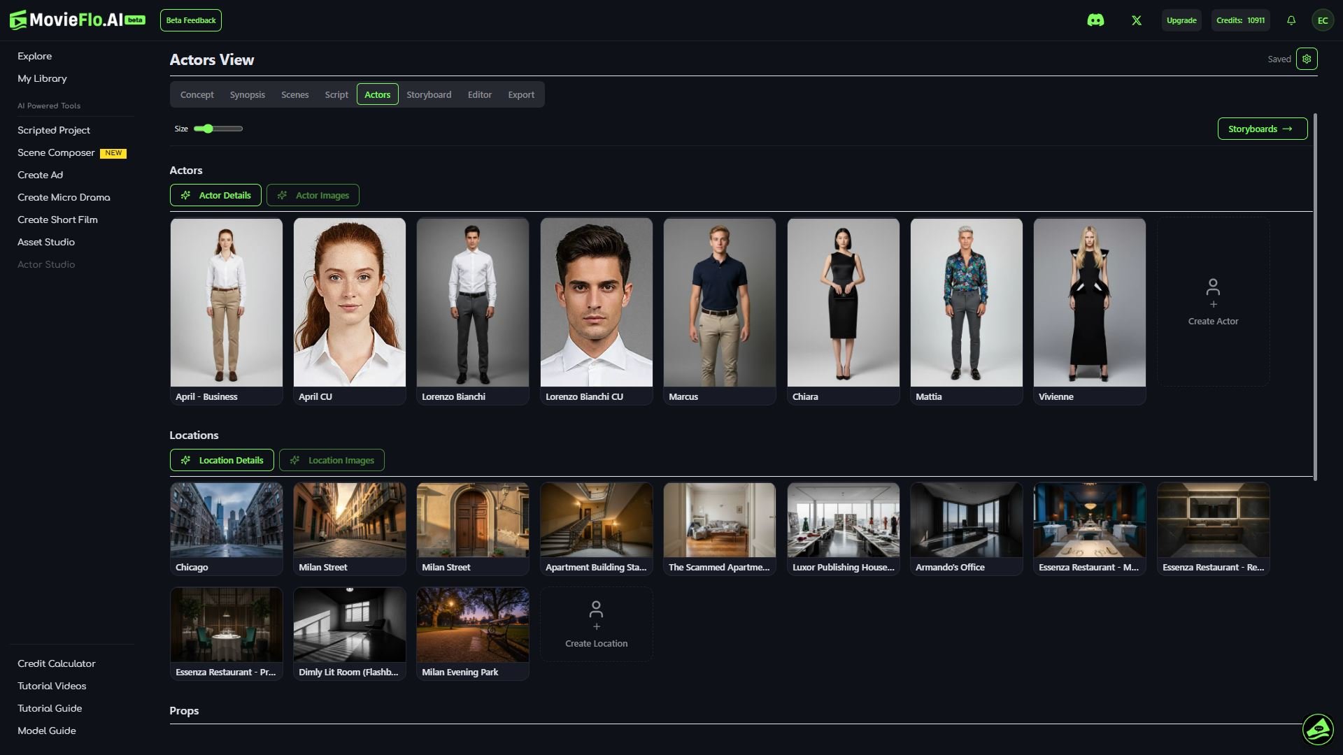 Screenshot of a software interface called MovieFlo.AI showing actor profiles, including photos and names, with a dark theme and green accents. It displays a list of actors with their headshots and names, along with sections for locations and other tools for film production.