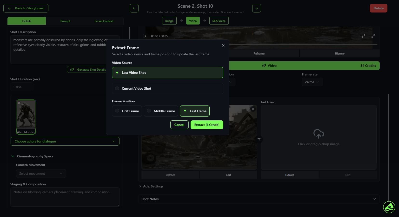 A computer screen displaying a video editing or CGI software interface. The interface includes options to generate shot details, select video source, and extract frames. A pop-up window titled 'Extract Frame' offers choices to select the last or current video shot and frames from the beginning, middle, or end of the video, with an option to extract the last frame of a monster figure labeled 'Alien Monster'.