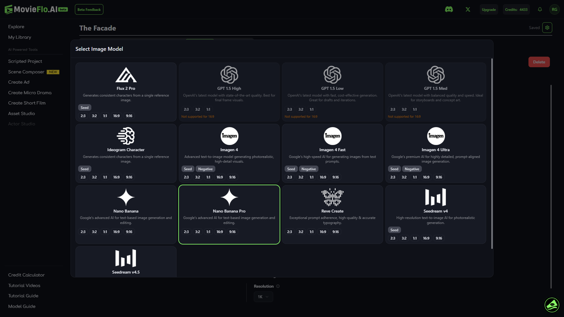 Screenshot of MovieFlo.AI interface showing options for AI image generation models, with two models named "Nano Banana" and "Nano Banana Pro" selected, all set against a dark background with various menu options on the sidebar.