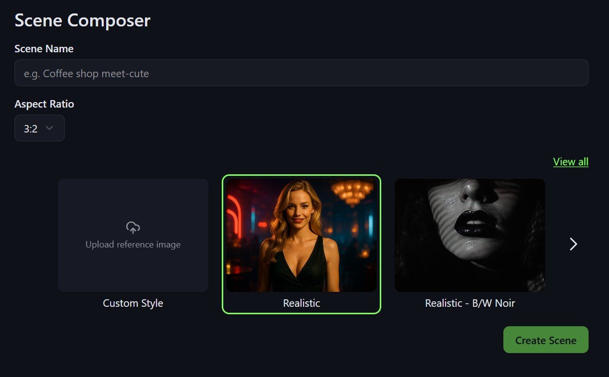 Screenshot of a scene composer interface with options for scene name, aspect ratio, and style. The selected style is 'Realistic' showing a woman with long hair and a black dress smiling in a dimly lit background with colorful lights.