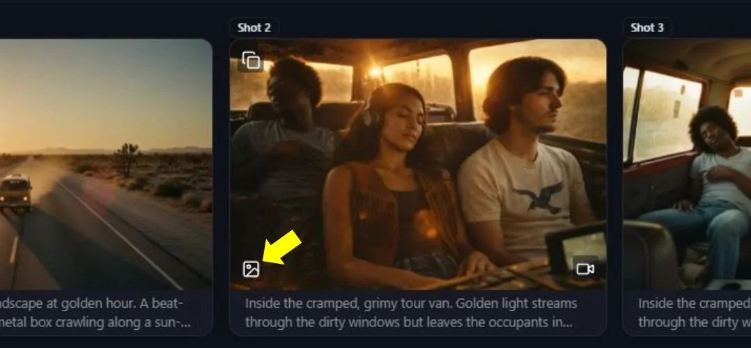 Three people sitting inside a van during sunset, with one man and one woman sitting side by side and a woman in the back seat, all looking out the windows.