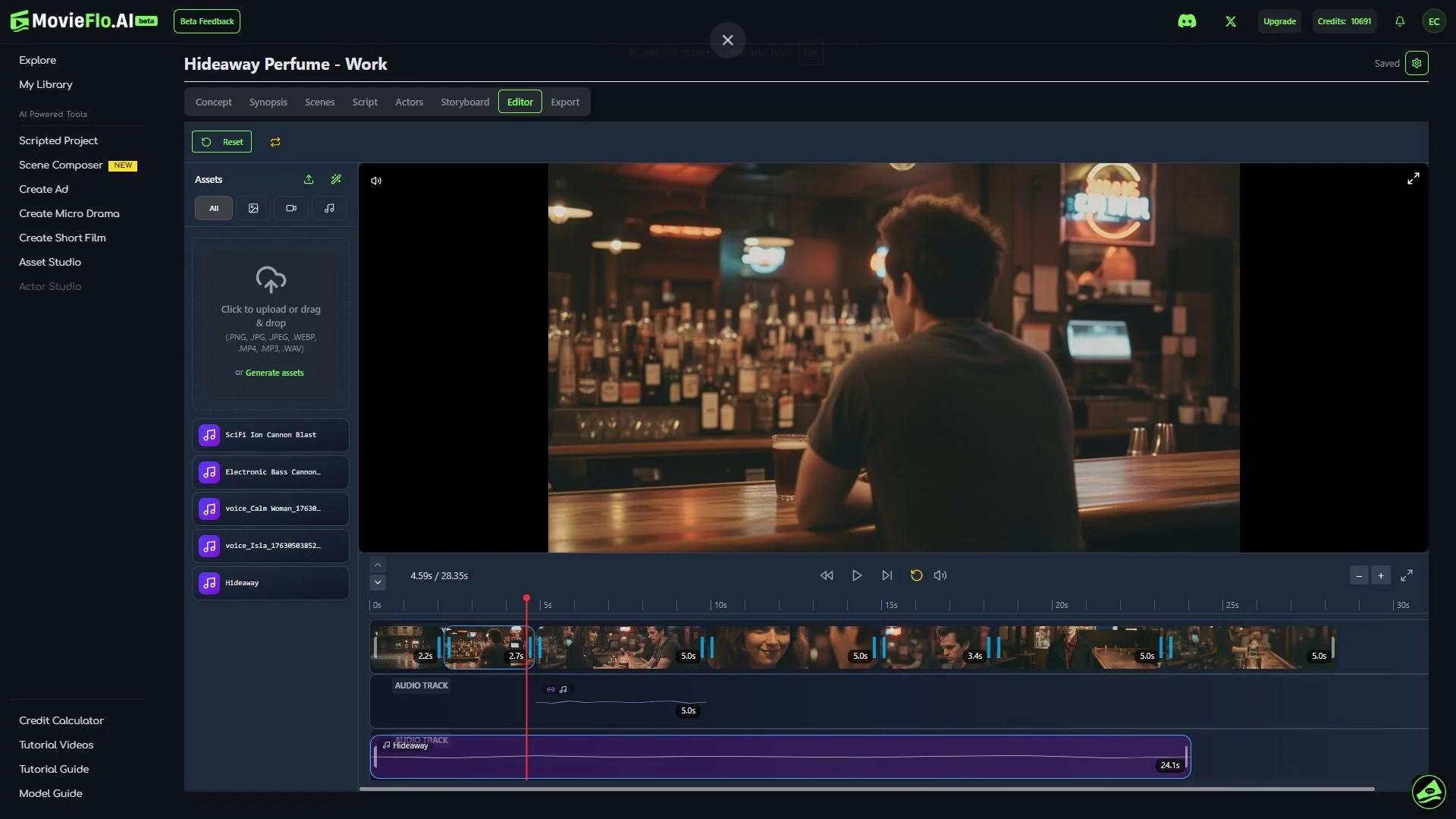 A scene from a video editing software showing a man sitting at a bar with various liquor bottles behind him, with neon signs glowing in the background.