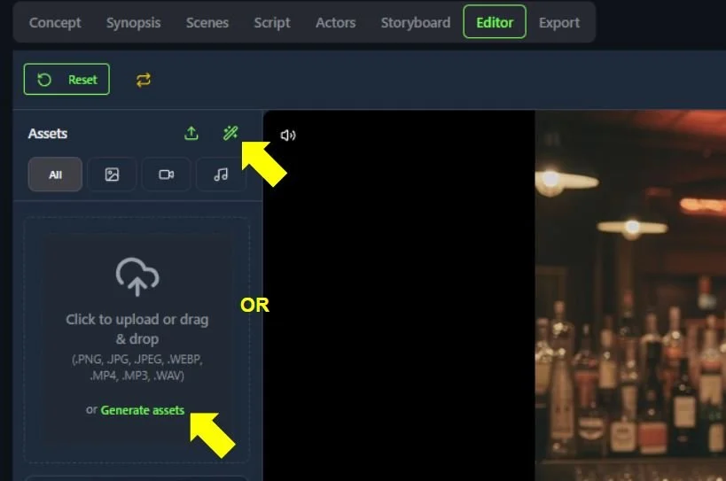 Screenshot of a video editing software interface with options for uploading assets and editing tools. Two yellow arrows point to icons for import and generate assets, with the word 'OR' between them.