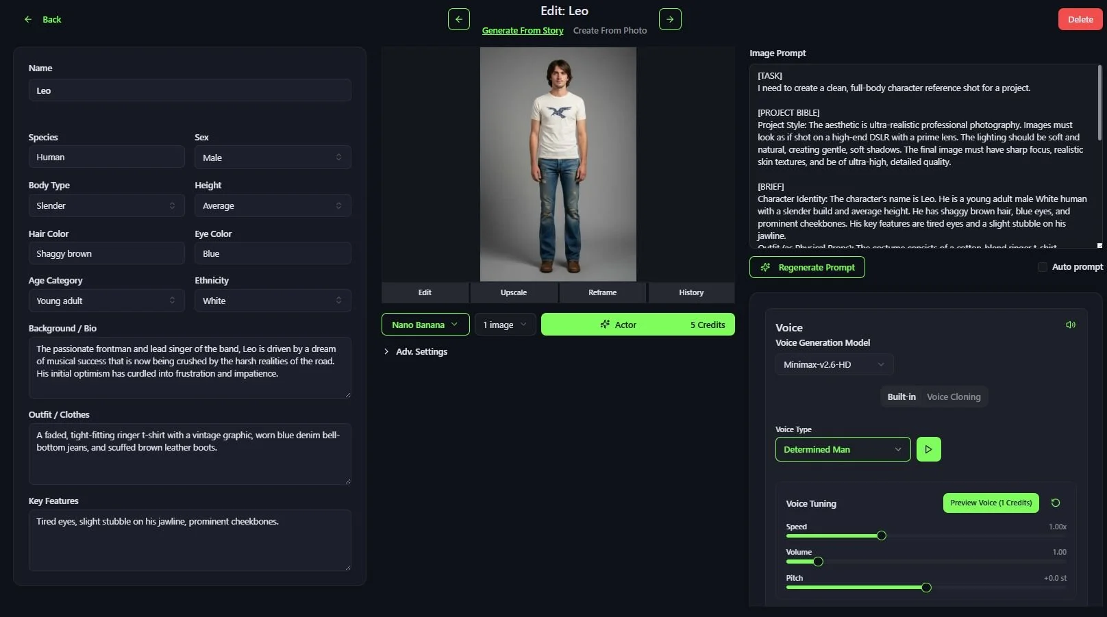 A full-body portrait of a young man with shaggy brown hair, wearing a white vintage graphic tee, blue denim bell-bottom jeans, and brown leather boots, standing against a neutral gray background.