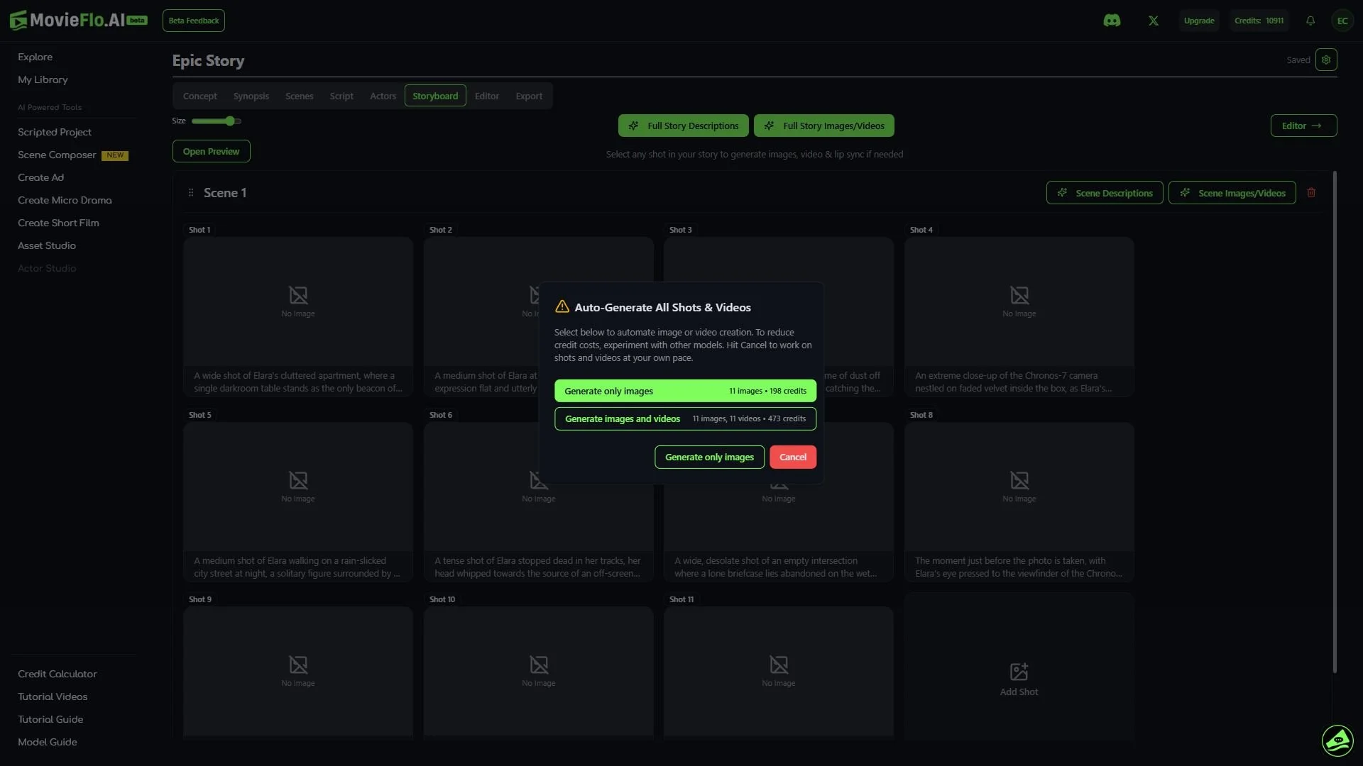 Screenshot of MovieFlo.AI's storyboarding interface, showing options to generate images and videos for a scene called 'Epic Story.' A pop-up window offers options to generate only images or both images and videos, with the current selection set to generate only images. The background displays multiple storyboard thumbnails with descriptions and no images.