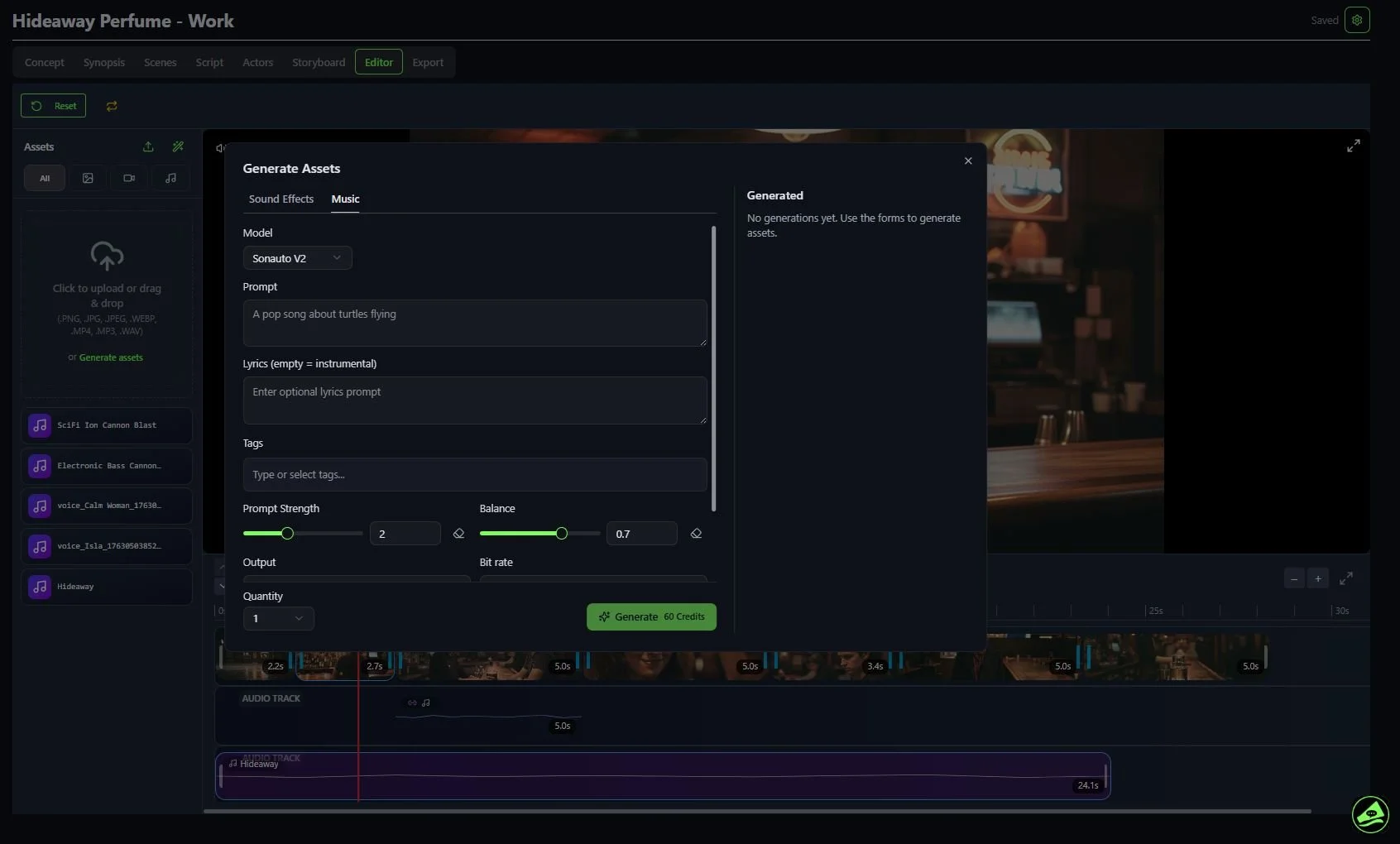 Screenshot of video editing software with a pop-up window for generating an audio asset. The window includes options for model, prompt, lyrics, tags, prompt strength, balance, output, and quantity. The background shows a video editing timeline with various clips and audio tracks, and a blurred scene from a dimly lit bar or restaurant.