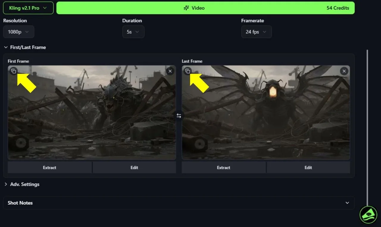 Screenshot of a video editing interface showing a scene with a large, monstrous creature with horns and sharp teeth emerging from debris, with a dark, ominous background and a ruined urban environment.