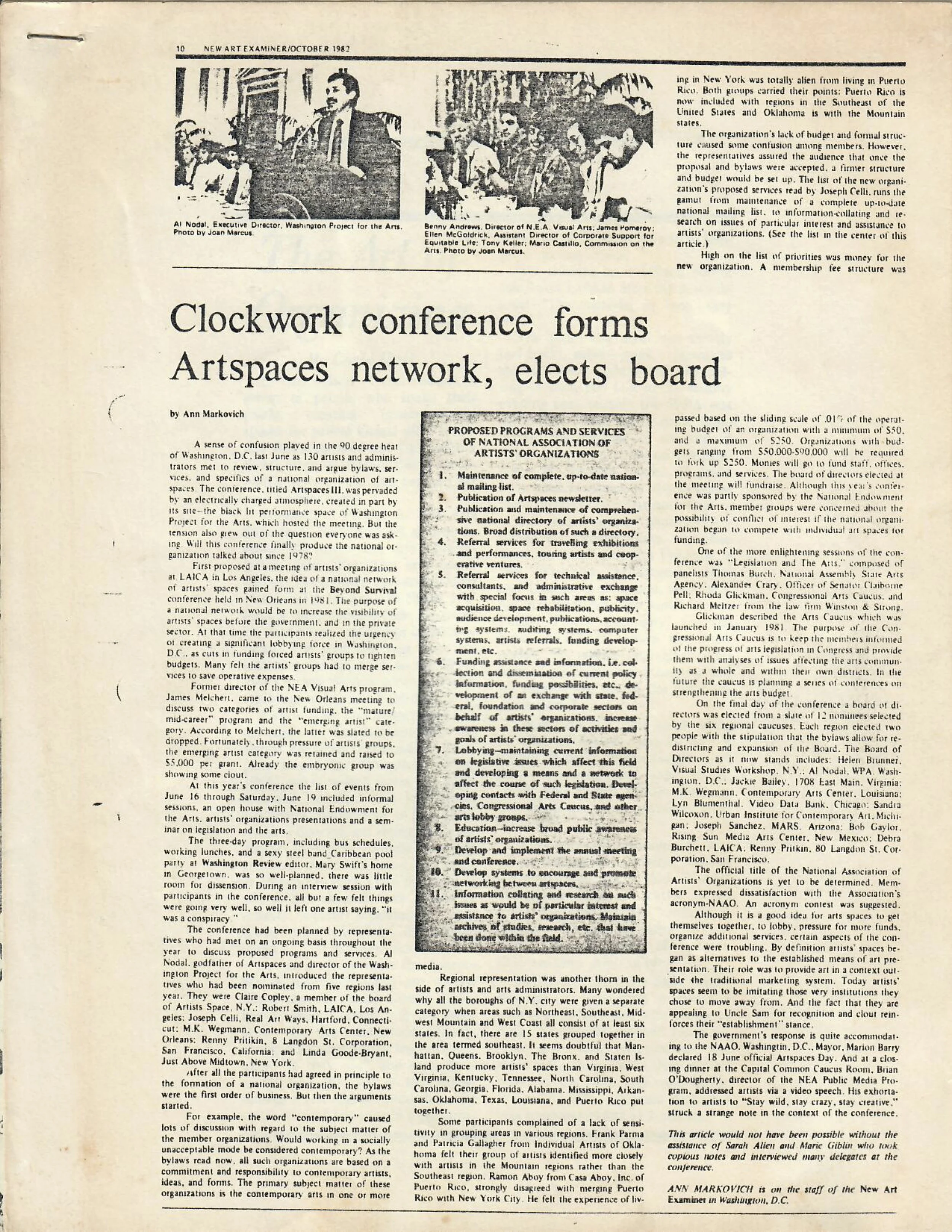 “Clockwork conference forms Artspaces network, elects board” by Ann Markovich in the New Art Examiner, October 1982