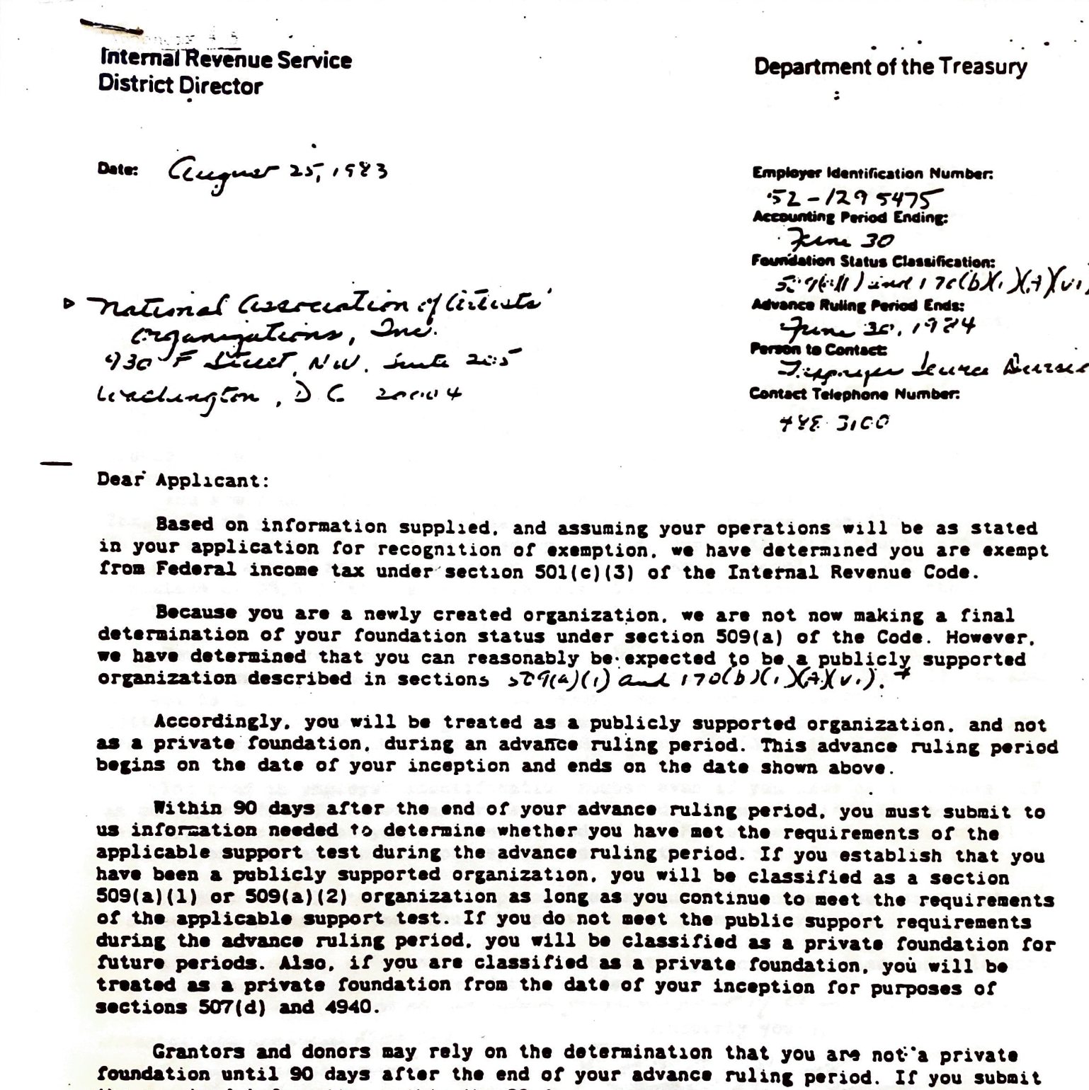 501c3 Verification, August 1983