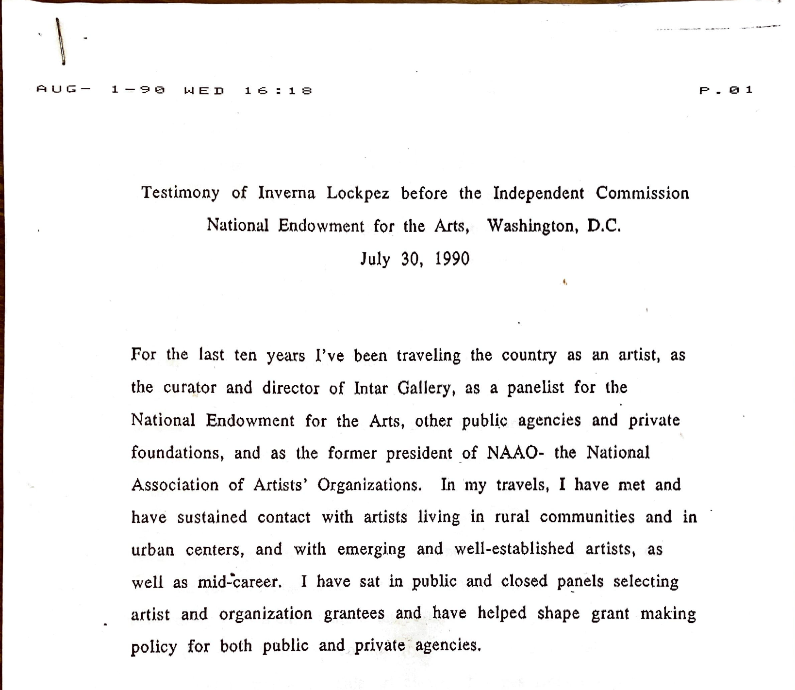 Testimony of Inverna Lockpez before the before the Independent Commission on the NEA, July 30, 1990