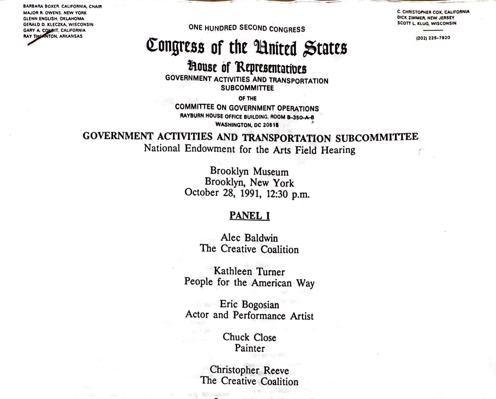 NEA Field Hearing, Brooklyn Museum, October 28, 1991