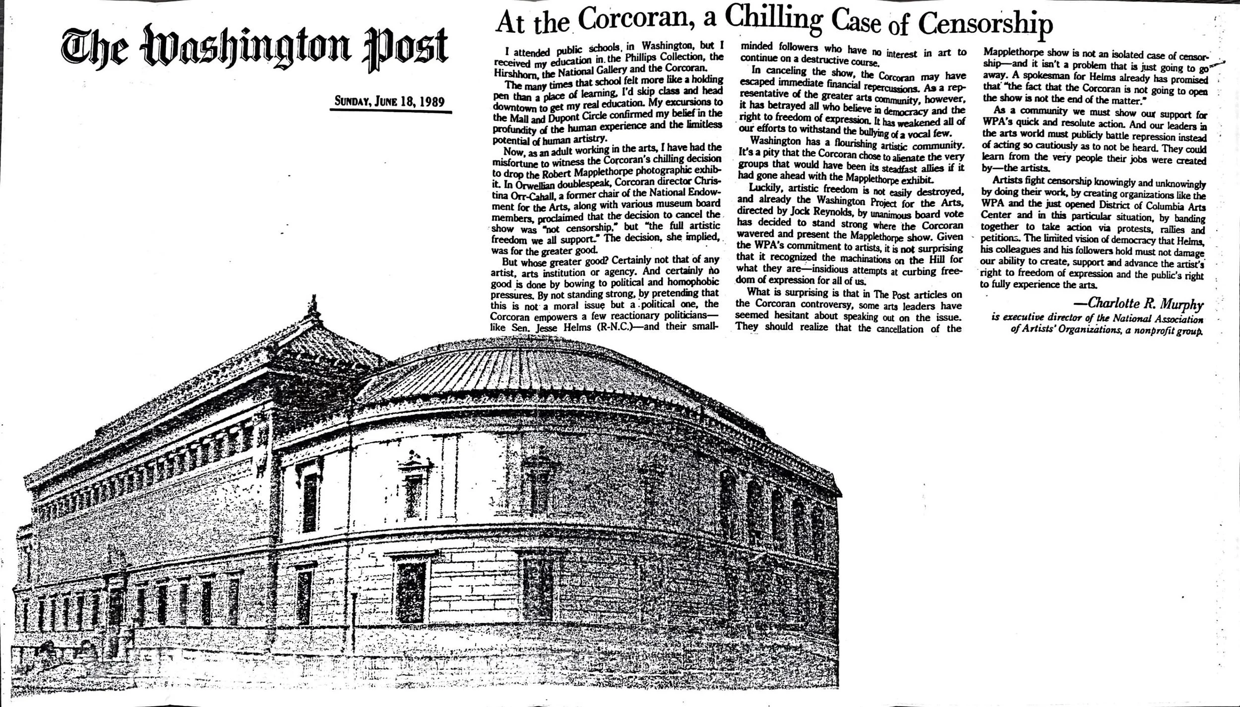 “At the Corcoran, a Chilling Case of Censorship” by Charlotte Murphy, The Washington Post, June 18, 1989