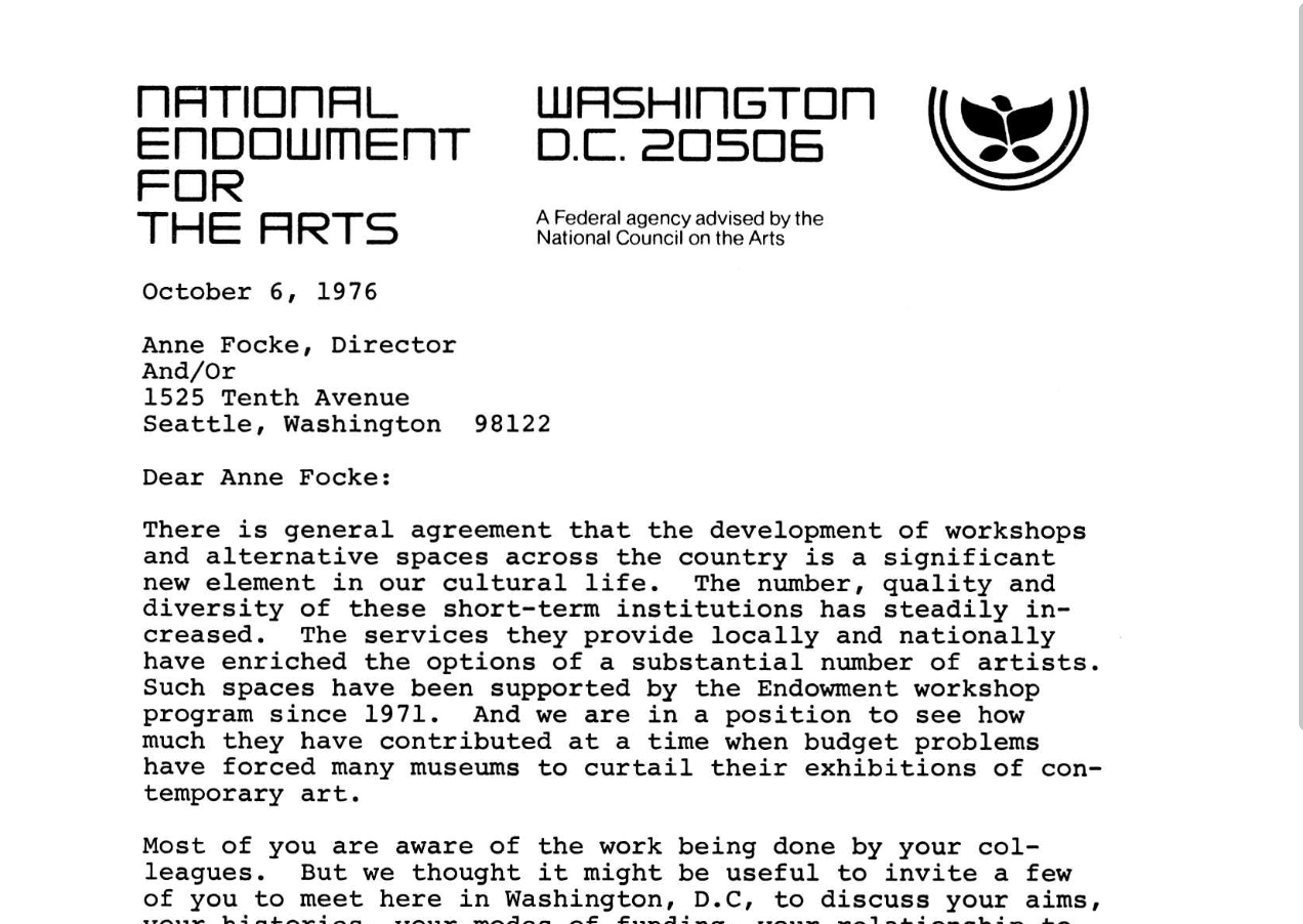 Invitation for Anne Focke to attend NEA Visual Arts Alternative Spaces Meeting Called By Brian O’Doherty, October 6, 1976