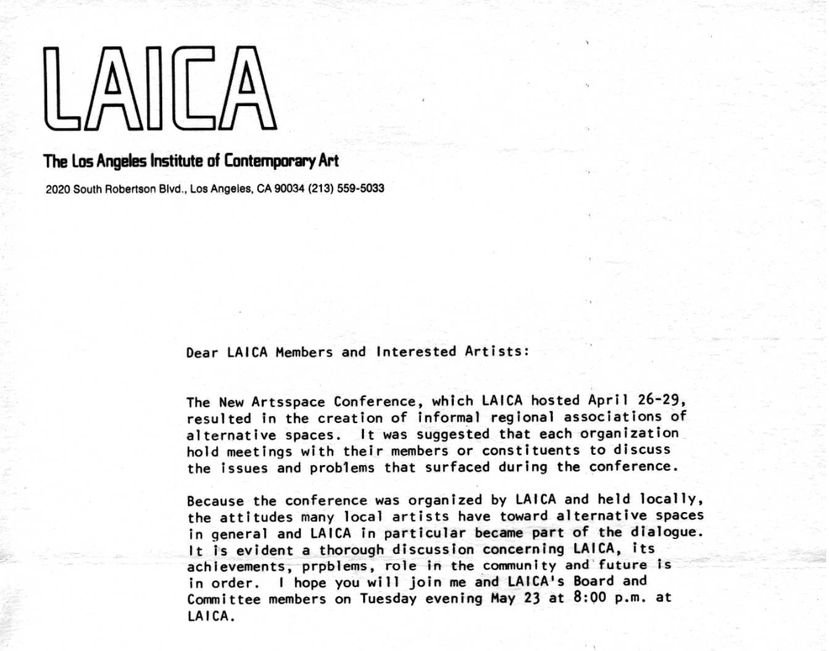 The New Artsspace Conference, Los Angeles, 1978: LAICA Response Letter 