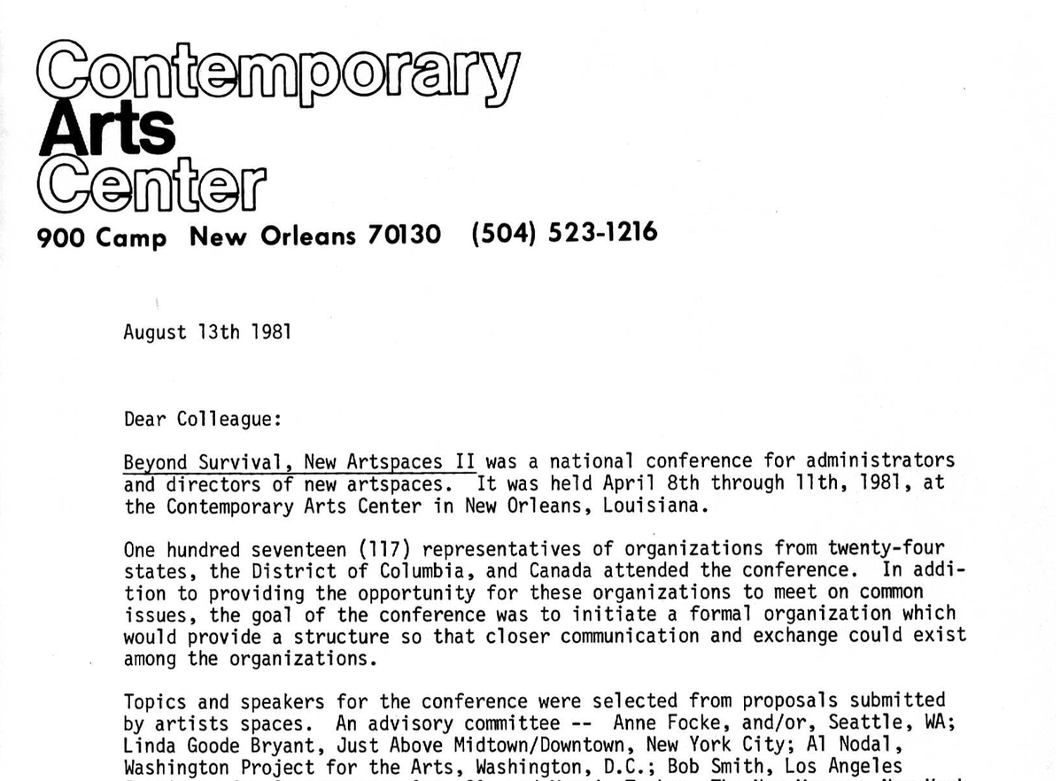 Letter from M.K. Wegmann (Contemporary Arts Center New Orleans) about the steering committee formed after the New Artspaces II Conference, 1981