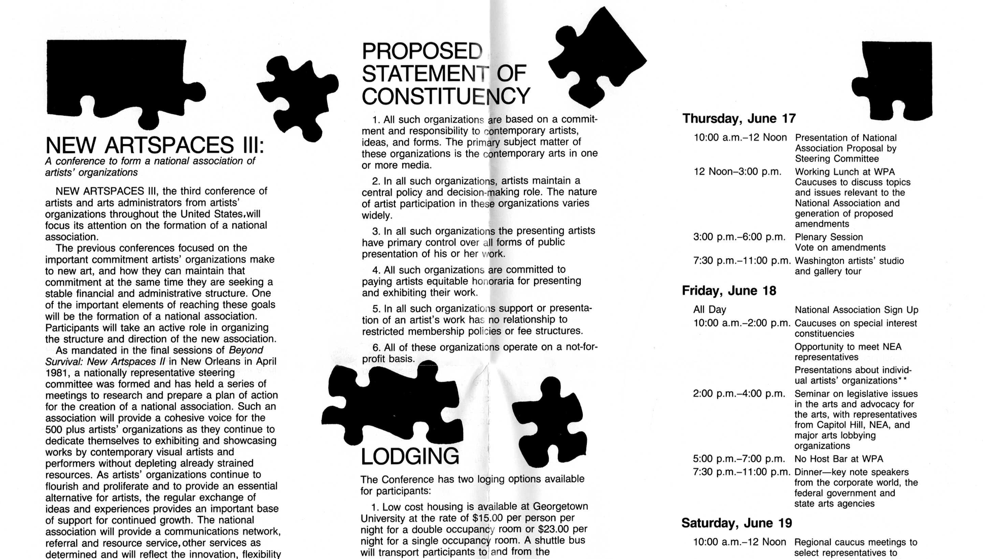 New Artspaces III: A conference to form a national association of artists’ organizations: Program and Agenda, Washington Project for the Arts, D.C., June 16-19, 1982