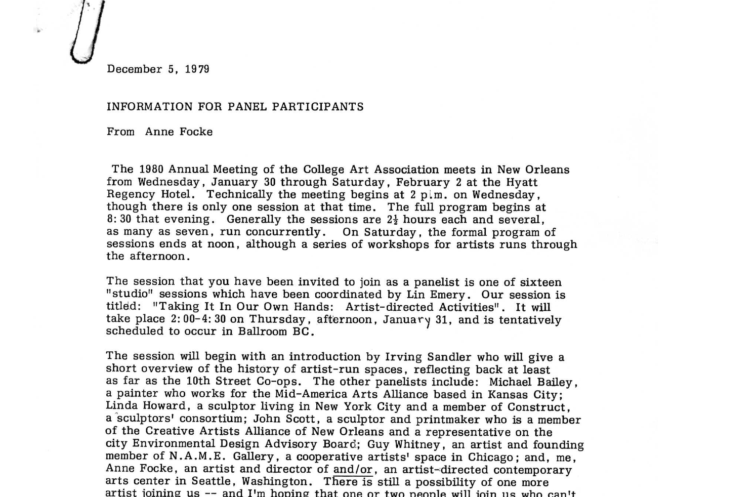 68th Annual Meeting of the College Art Association of America (CAA), New Orleans, 1980: Preparatory Correspondences from Anne Focke and Participants