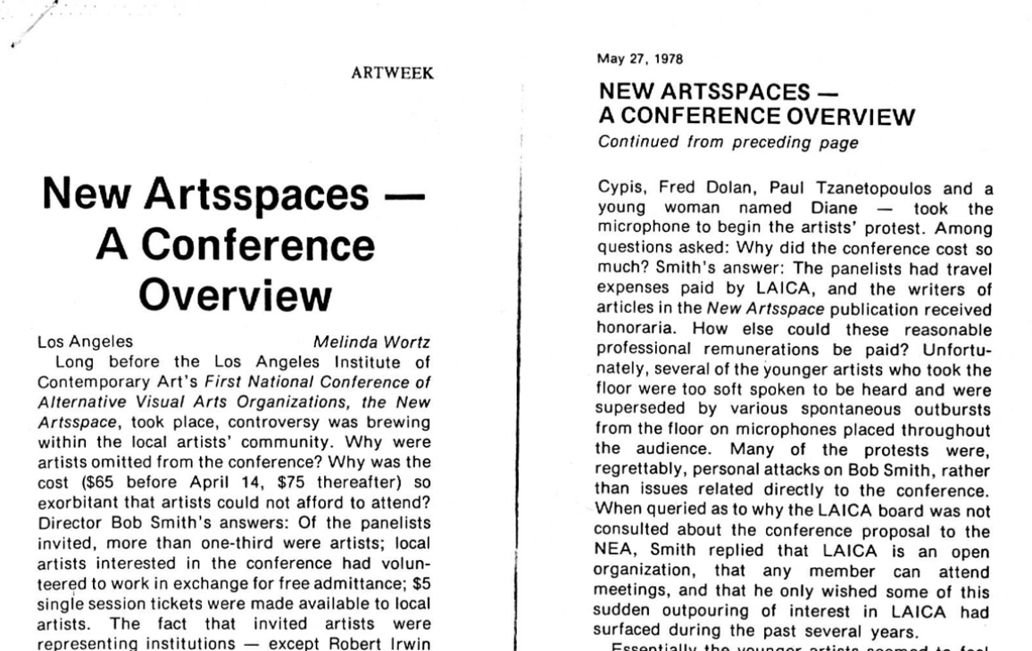 “New Artsspaces — A Conference Overview” by Melinda Wortz, Artweek, May 27, 1978