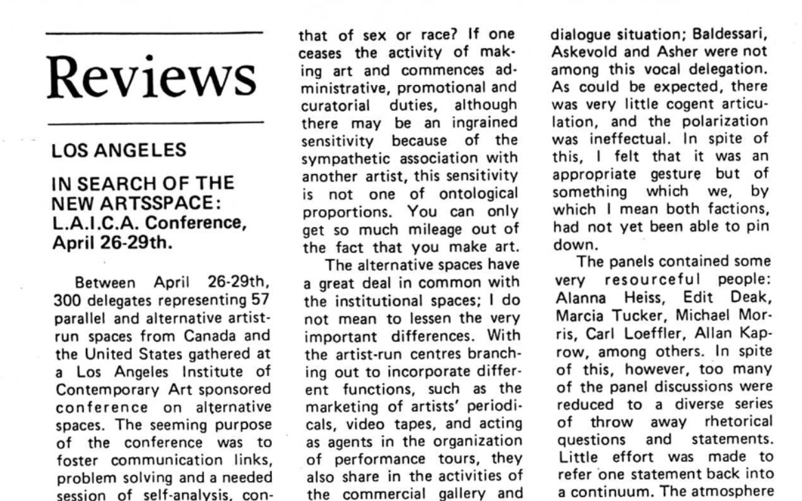 “Reviews - Los Angeles in Search of The New Artsspace: L.A.I.C.A. Conference, April 26-29th,” by Russell Keziere, Criteria, Spring 1978