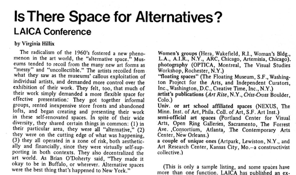 “Is There Space for Alternatives? LAICA Conference,” by Virginia Hillix, New Art Examiner, June 1978