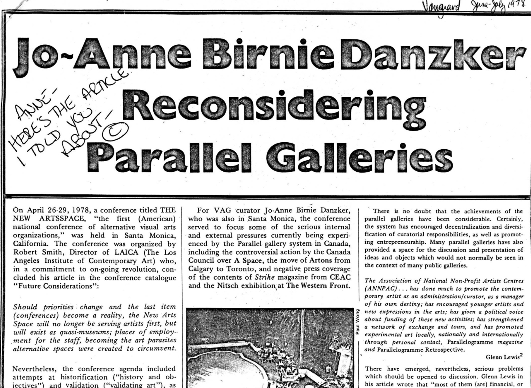 “Jo-Anne Birnie Danzker Reconsidering Parallel Galleries,” author unknown, Vanguard, June-July 1978 