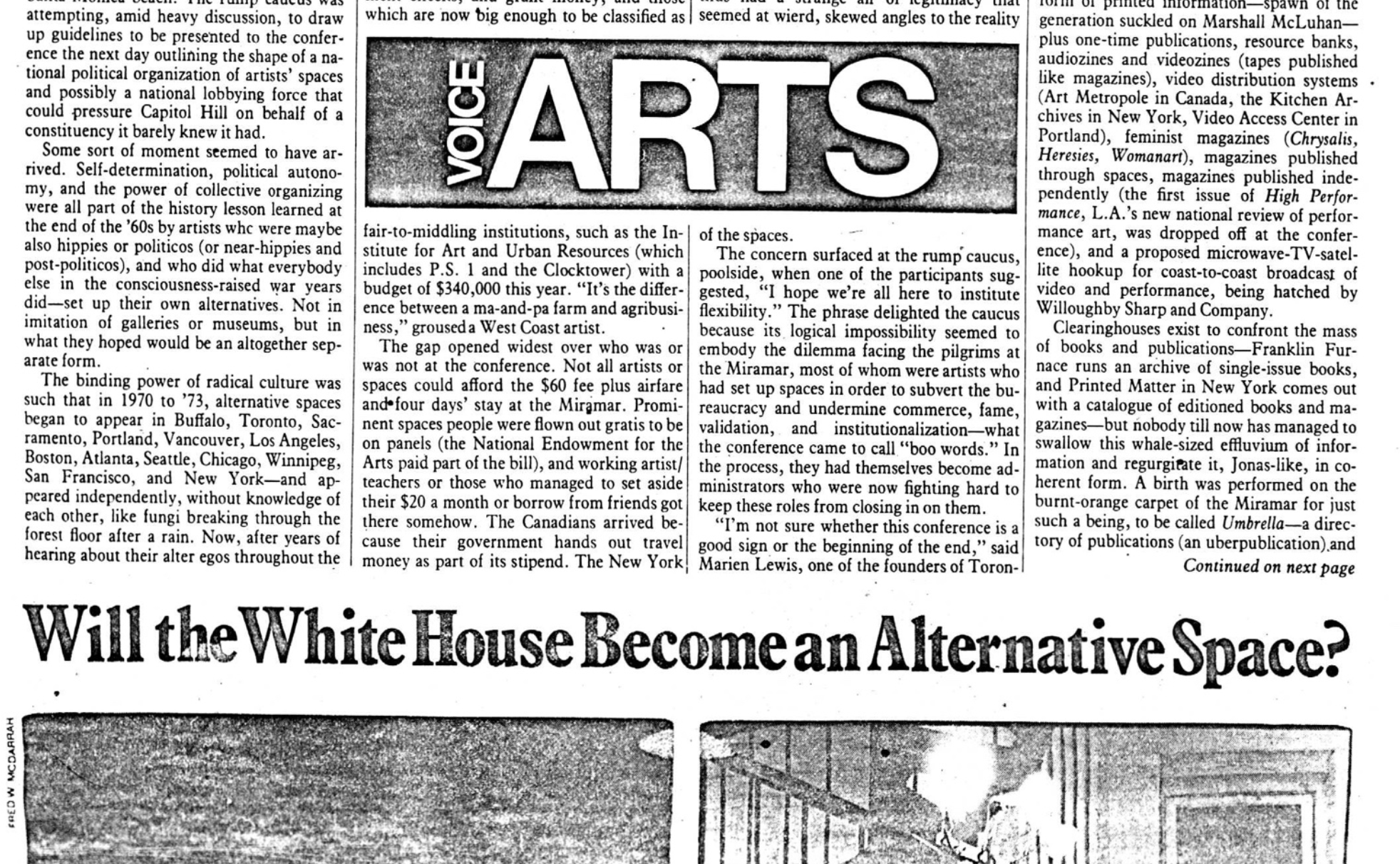 “Will the White House Become an Alternative Space?” by Kay Larson, Village Voice, June 5, 1978