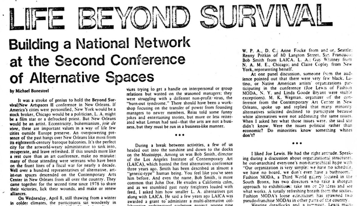 “Life Beyond Survival: Building a National Network at the Second Conference of Alternative Spaces,” by Michael Bonesteel, New Art Examiner, June 1981