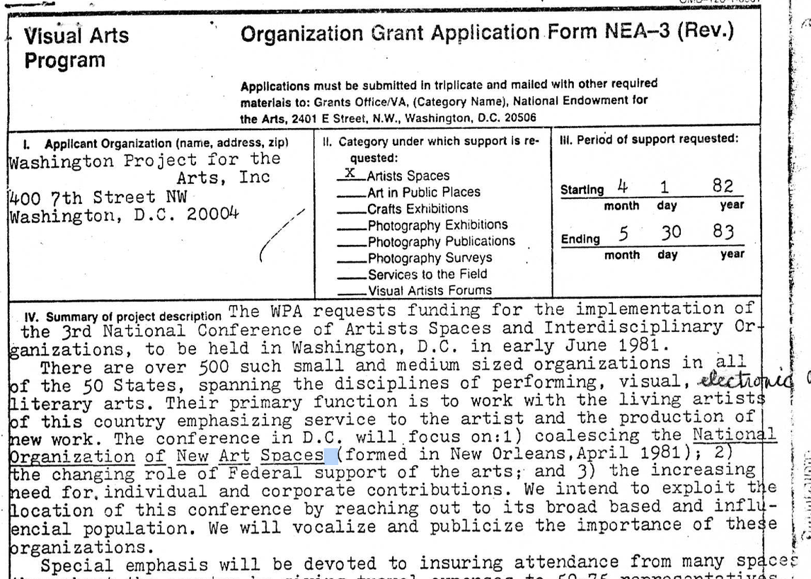 New Artspaces III Conference, Washington Project for the Arts, DC, 1982: NEA Grant Application and Supplementary Materials